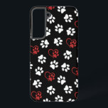 Pattern Of Paws, White Paws, Red Paws, Hearts Samsung Galaxy Case<br><div class="desc">Cute,  fun and adorable pattern with white paws and red and hearts on black background. Modern and trendy gift,  perfect for the dog lover in your life.</div>