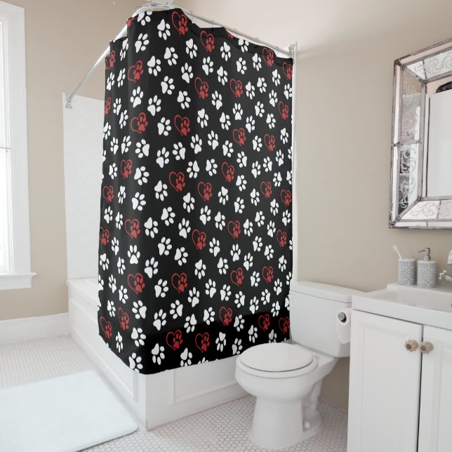 Pattern Of Paws, White Paws, Red Paws, Hearts Shower Curtain (In Situ)
