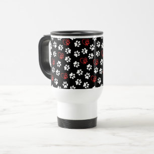 Pattern Of Paws, White Paws, Red Paws, Hearts Travel Mug