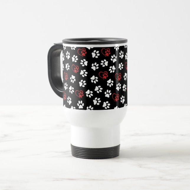 Pattern Of Paws, White Paws, Red Paws, Hearts Travel Mug (Front Left)