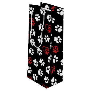 Pattern Of Paws, White Paws, Red Paws, Hearts Wine Gift Bag