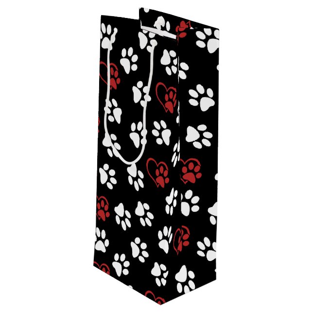 Pattern Of Paws, White Paws, Red Paws, Hearts Wine Gift Bag (Back Angled)