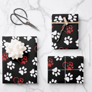 Pattern Of Paws, White Paws, Red Paws, Hearts Wrapping Paper Sheet