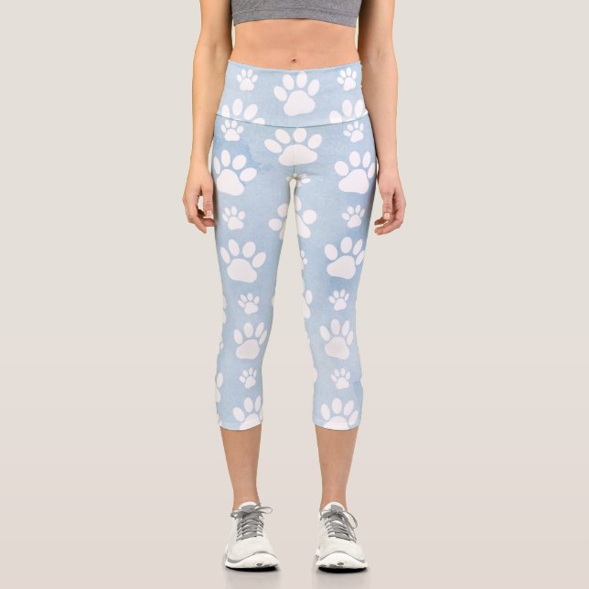 Pattern Of Paws, White Paws, Watercolors, Blue Capri Leggings (Front)