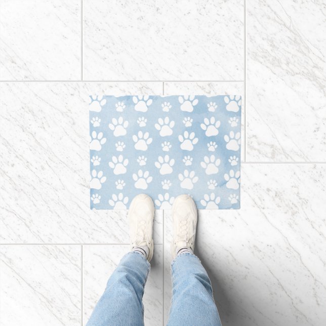 Pattern Of Paws, White Paws, Watercolors, Blue Doormat (Indoor)