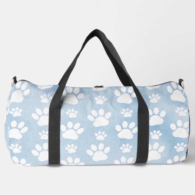 Pattern Of Paws, White Paws, Watercolors, Blue Duffle Bag (Front)