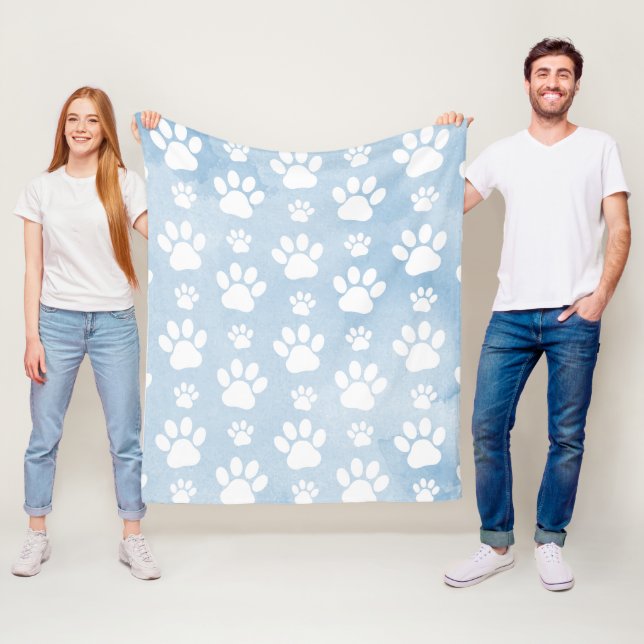 Pattern Of Paws, White Paws, Watercolors, Blue Fleece Blanket (In Situ)