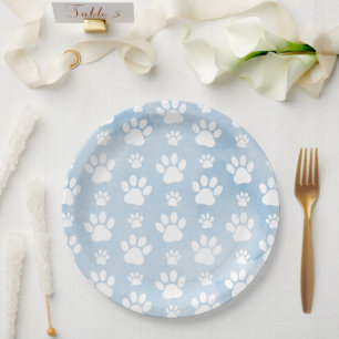 Pattern Of Paws, White Paws, Watercolors, Blue Paper Plate
