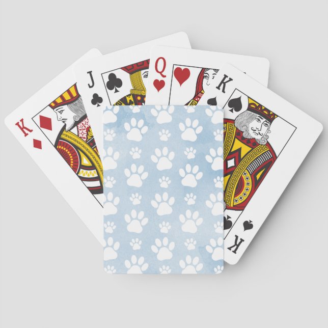 Pattern Of Paws, White Paws, Watercolors, Blue Playing Cards (Back)