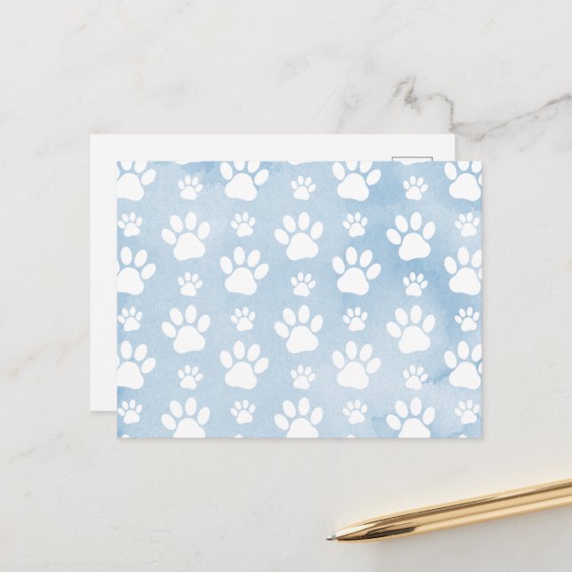 Pattern Of Paws, White Paws, Watercolors, Blue Postcard (Front/Back In Situ)