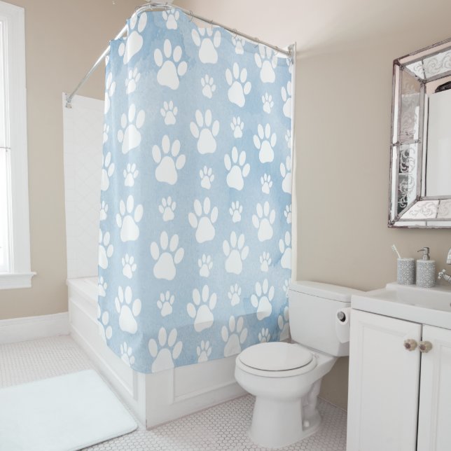 Pattern Of Paws, White Paws, Watercolors, Blue Shower Curtain (In Situ)