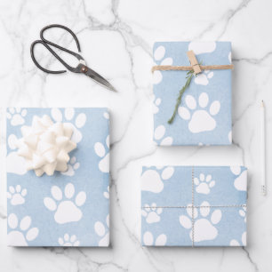 Pattern Of Paws, White Paws, Watercolors, Blue Wrapping Paper Sheet
