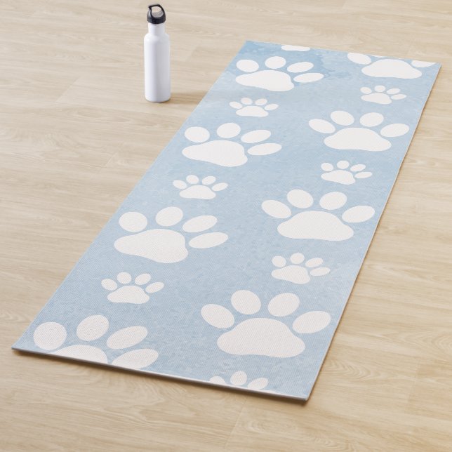 Pattern Of Paws, White Paws, Watercolors, Blue Yoga Mat (In Situ)