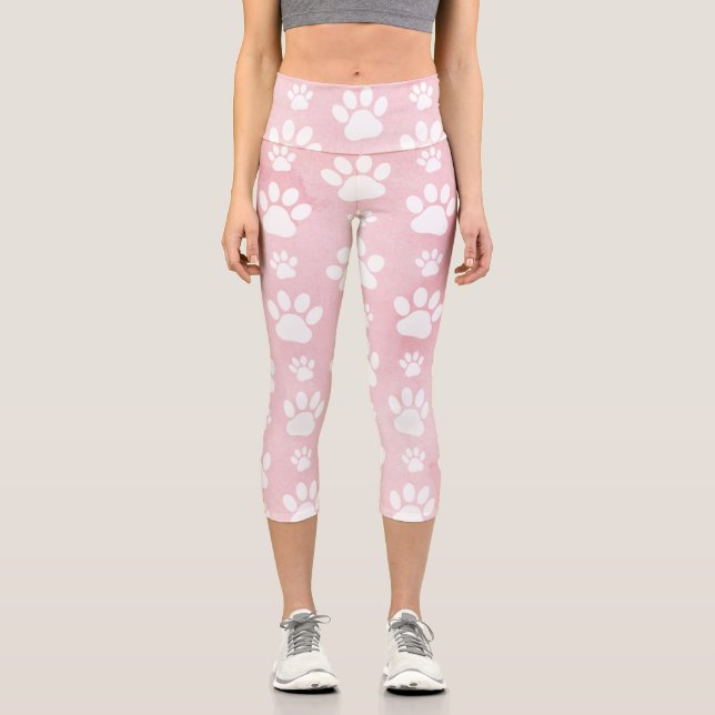 Pattern Of Paws, White Paws, Watercolors, Pink Capri Leggings (Front)