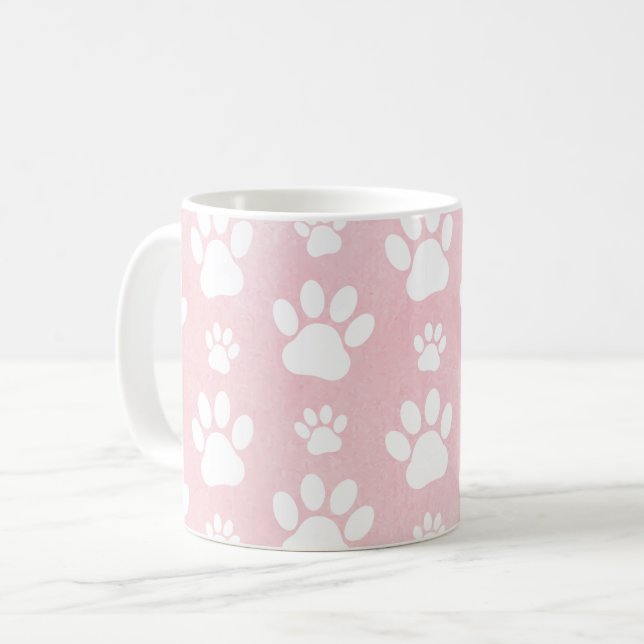 Pattern Of Paws, White Paws, Watercolors, Pink Coffee Mug (Front Left)