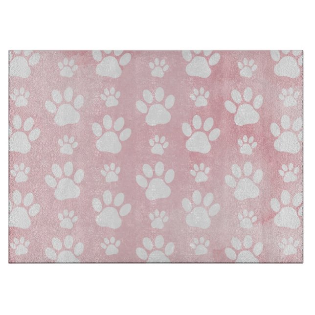 Pattern Of Paws, White Paws, Watercolors, Pink Cutting Board (Front)