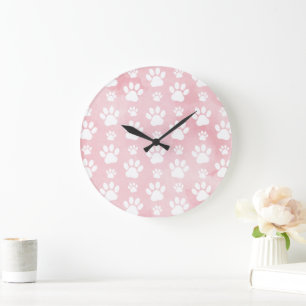 Pattern Of Paws, White Paws, Watercolors, Pink Large Clock