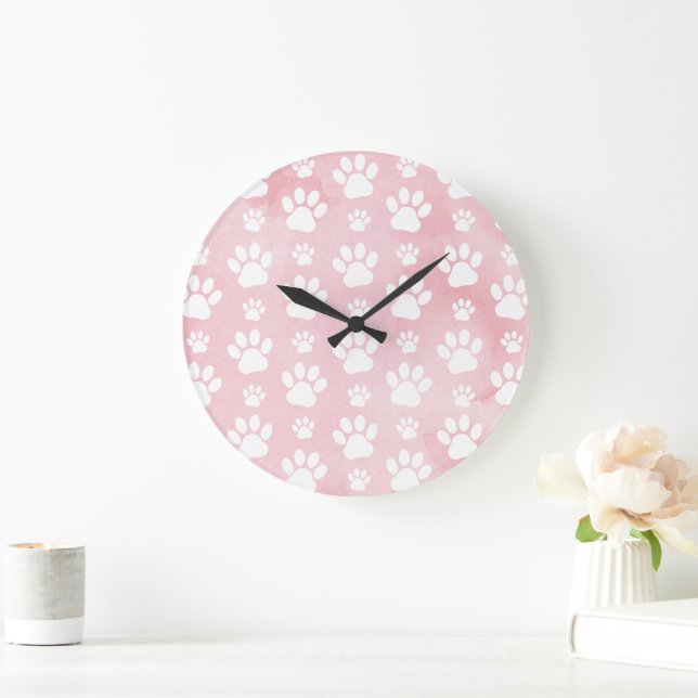Pattern Of Paws, White Paws, Watercolors, Pink Large Clock (Home)
