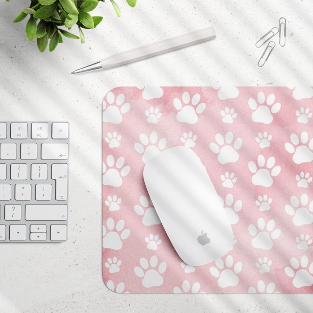 Pattern Of Paws, White Paws, Watercolors, Pink Mouse Mat (Creator Uploaded)