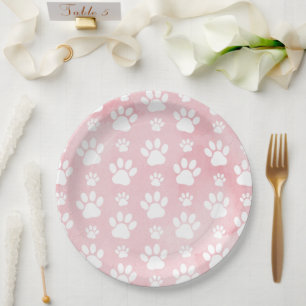 Pattern Of Paws, White Paws, Watercolors, Pink Paper Plate