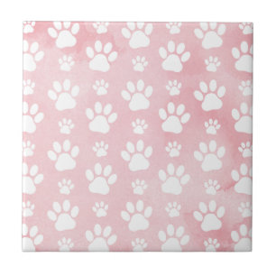 Pattern Of Paws, White Paws, Watercolors, Pink Tile