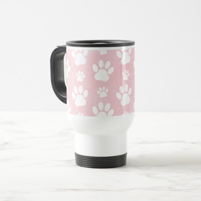 Pattern Of Paws, White Paws, Watercolors, Pink Travel Mug (Front Left)