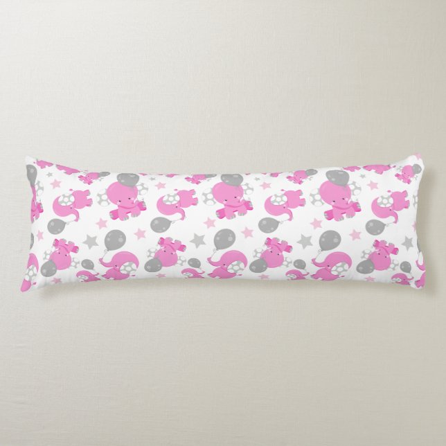 Pattern Of Pink Elephants, Cute Elephants, Stars Body Cushion (Front)