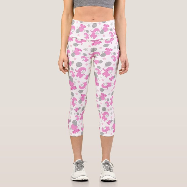 Pattern Of Pink Elephants, Cute Elephants, Stars Capri Leggings (Front)