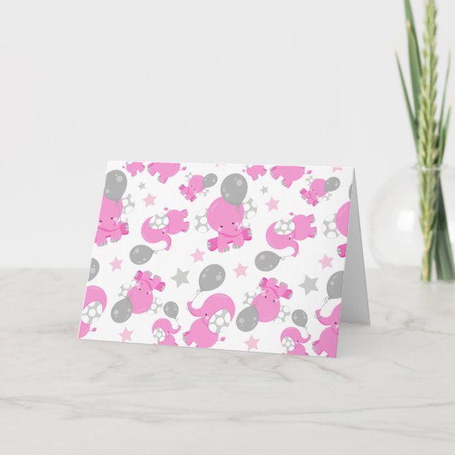 Pattern Of Pink Elephants, Cute Elephants, Stars Card (Front)