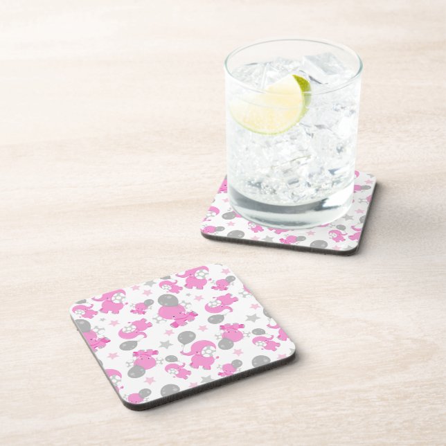 Pattern Of Pink Elephants, Cute Elephants, Stars Coaster (Right Side)