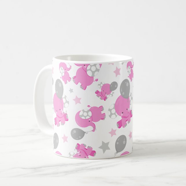 Pattern Of Pink Elephants, Cute Elephants, Stars Coffee Mug (Front Left)