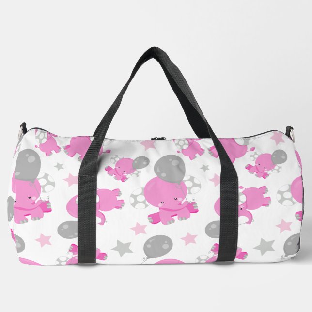 Pattern Of Pink Elephants, Cute Elephants, Stars Duffle Bag (Front)