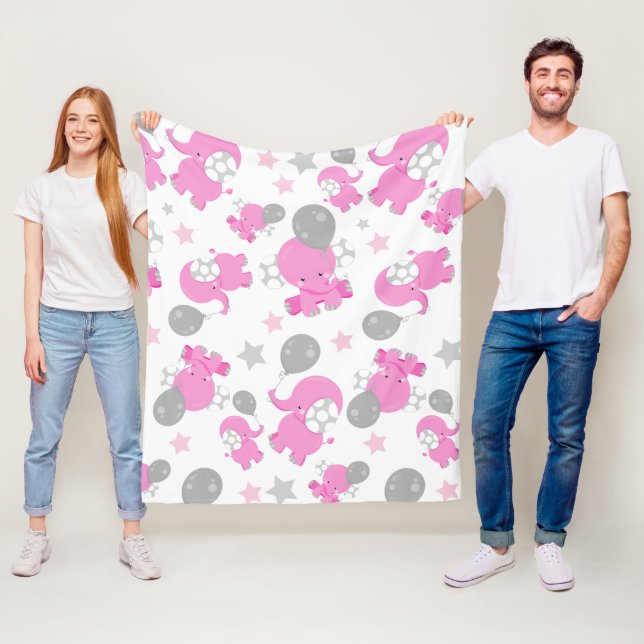 Pattern Of Pink Elephants, Cute Elephants, Stars Fleece Blanket (In Situ)