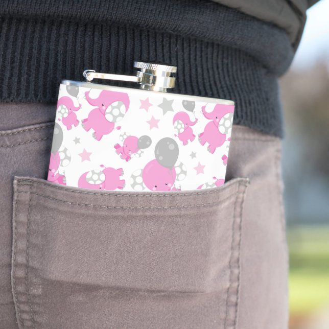 Pattern Of Pink Elephants, Cute Elephants, Stars Hip Flask (In Situ)
