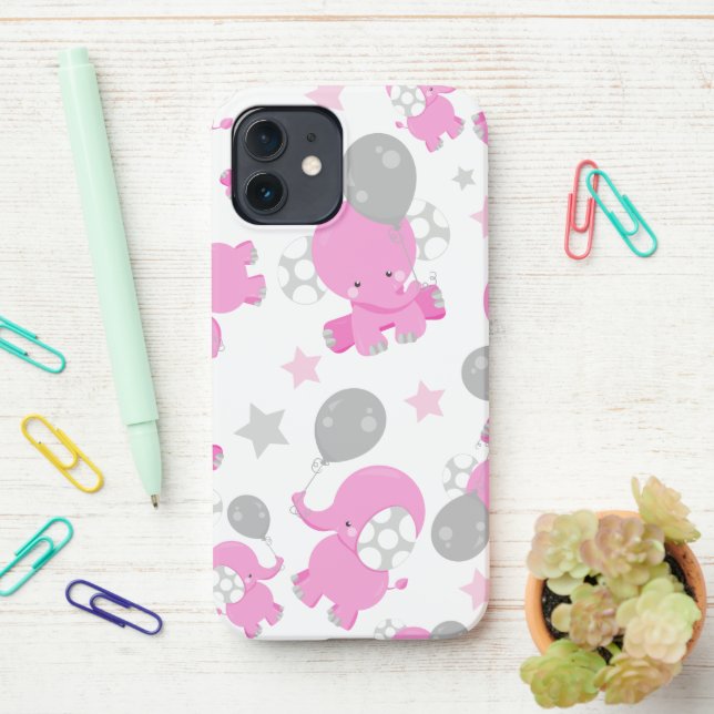 Pattern Of Pink Elephants, Cute Elephants, Stars iPhone Case (On Desk)