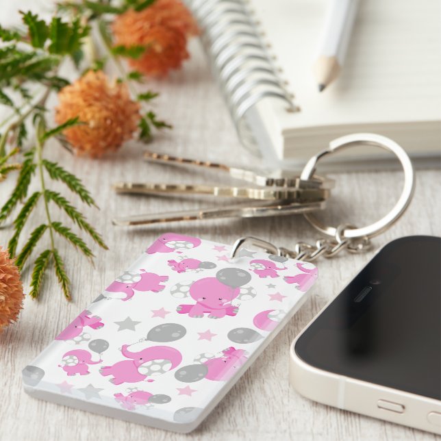 Pattern Of Pink Elephants, Cute Elephants, Stars Key Ring (Front Right)