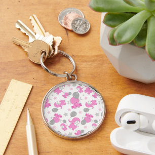 Pattern Of Pink Elephants, Cute Elephants, Stars Key Ring