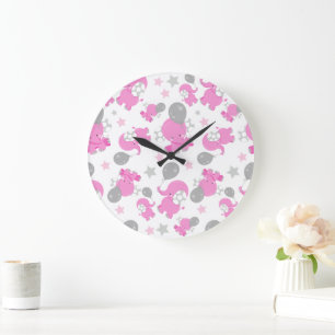 Pattern Of Pink Elephants, Cute Elephants, Stars Large Clock