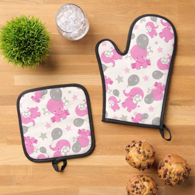 Pattern Of Pink Elephants, Cute Elephants, Stars Oven Mitt & Pot Holder Set (Top Down)