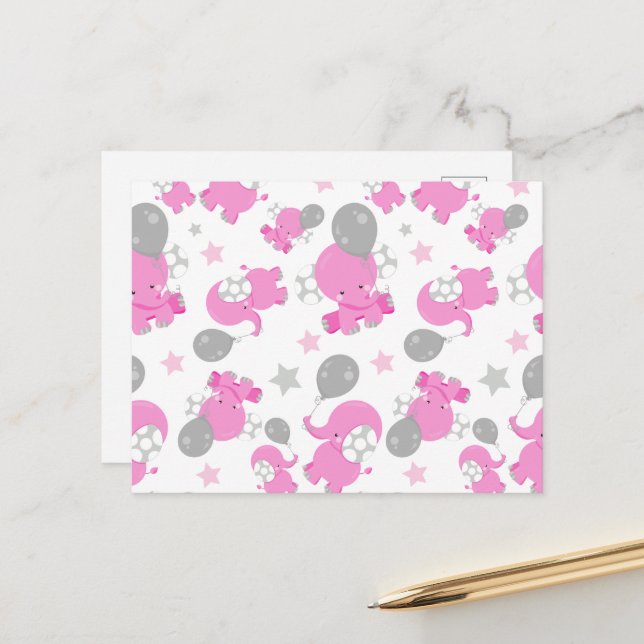 Pattern Of Pink Elephants, Cute Elephants, Stars Postcard (Front/Back In Situ)