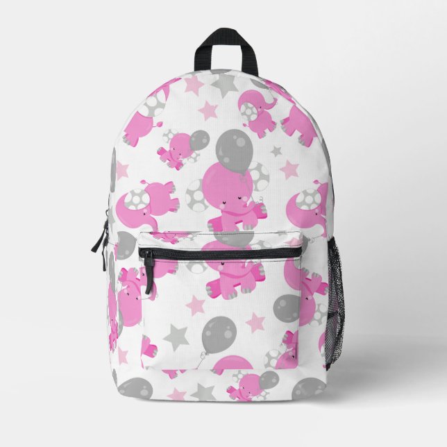 Pattern Of Pink Elephants, Cute Elephants, Stars Printed Backpack (Front)