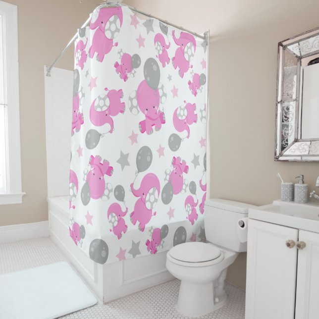 Pattern Of Pink Elephants, Cute Elephants, Stars Shower Curtain (In Situ)