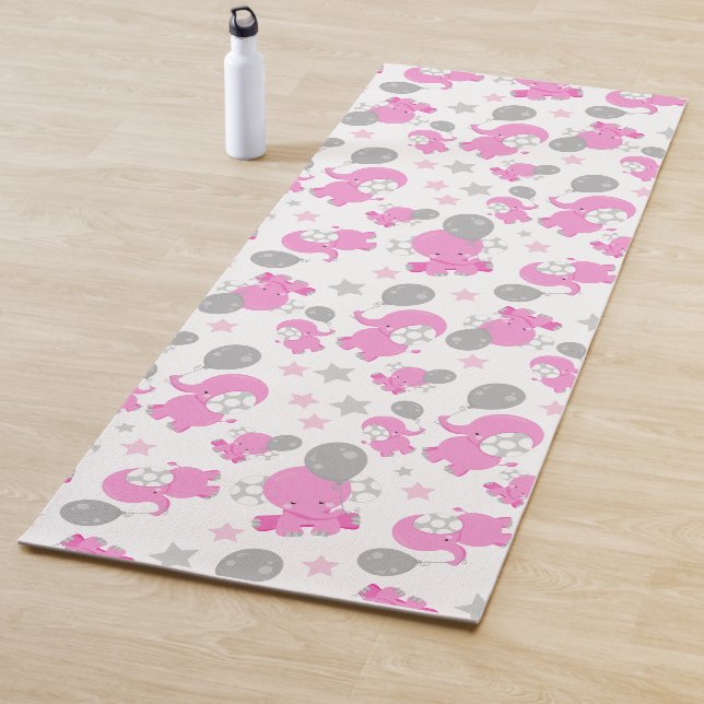Pattern Of Pink Elephants, Cute Elephants, Stars Yoga Mat (In Situ)
