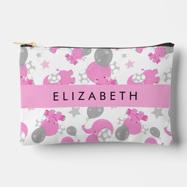 Pattern Of Pink Elephants, Stars, Your Name Accessory Pouch (Front)