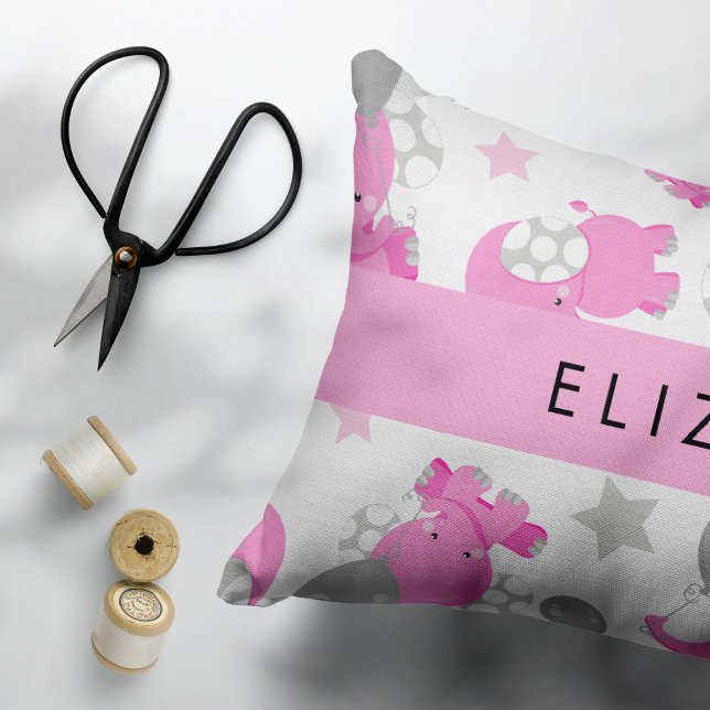 Pattern Of Pink Elephants, Stars, Your Name Decorative Cushion (Creator Uploaded)