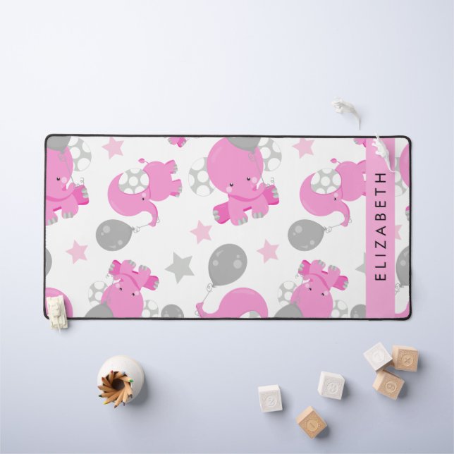 Pattern Of Pink Elephants, Stars, Your Name Desk Mat (Kids Table)