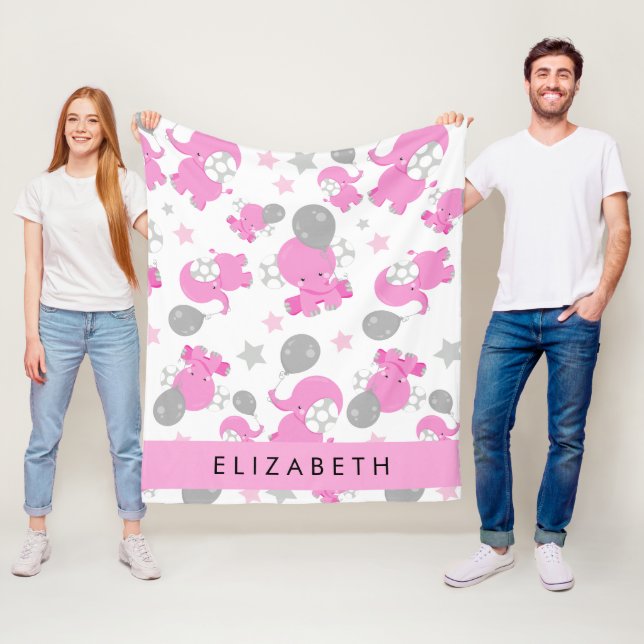 Pattern Of Pink Elephants, Stars, Your Name Fleece Blanket (In Situ)