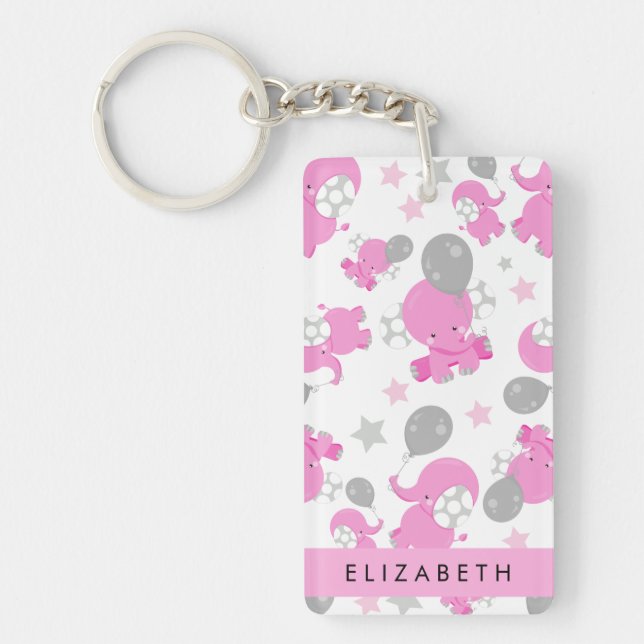 Pattern Of Pink Elephants, Stars, Your Name Key Ring (Front)