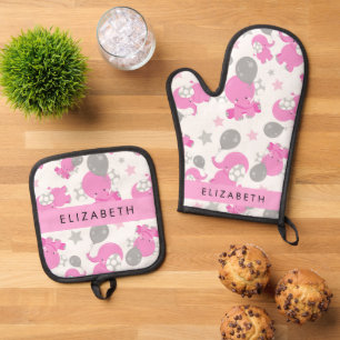 Pattern Of Pink Elephants, Stars, Your Name Oven Mitt & Pot Holder Set