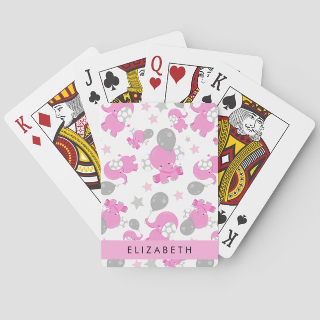 Pattern Of Pink Elephants, Stars, Your Name Playing Cards (Back)